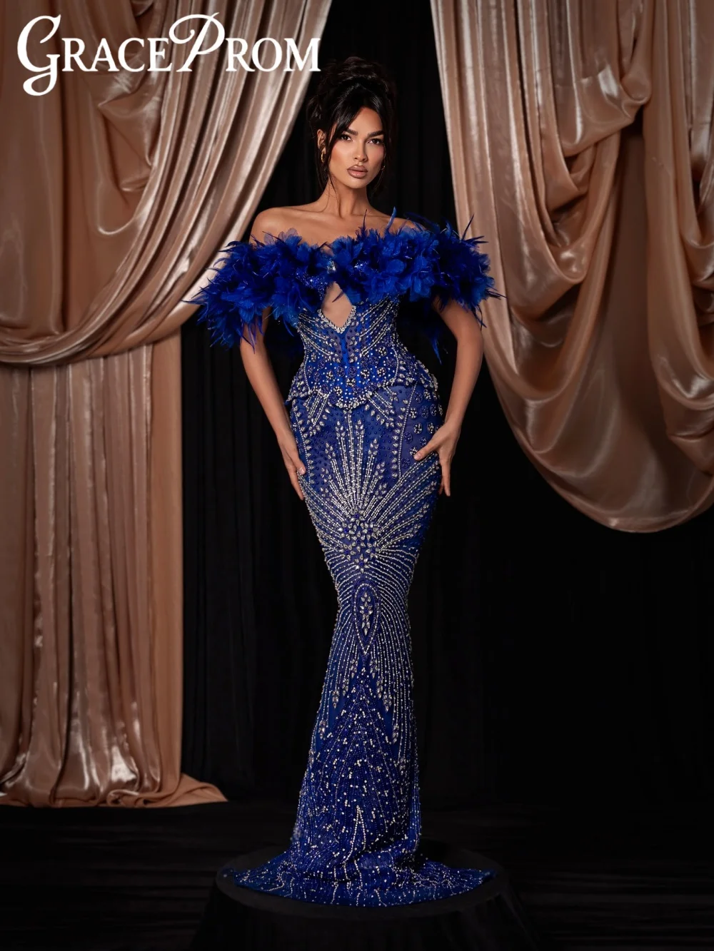

Синее гламурное вечернее платье с хрустальными перьями и 3D цветком с открытыми плечами, вечернее платье русалки, банкетные платья по индивидуальному заказу