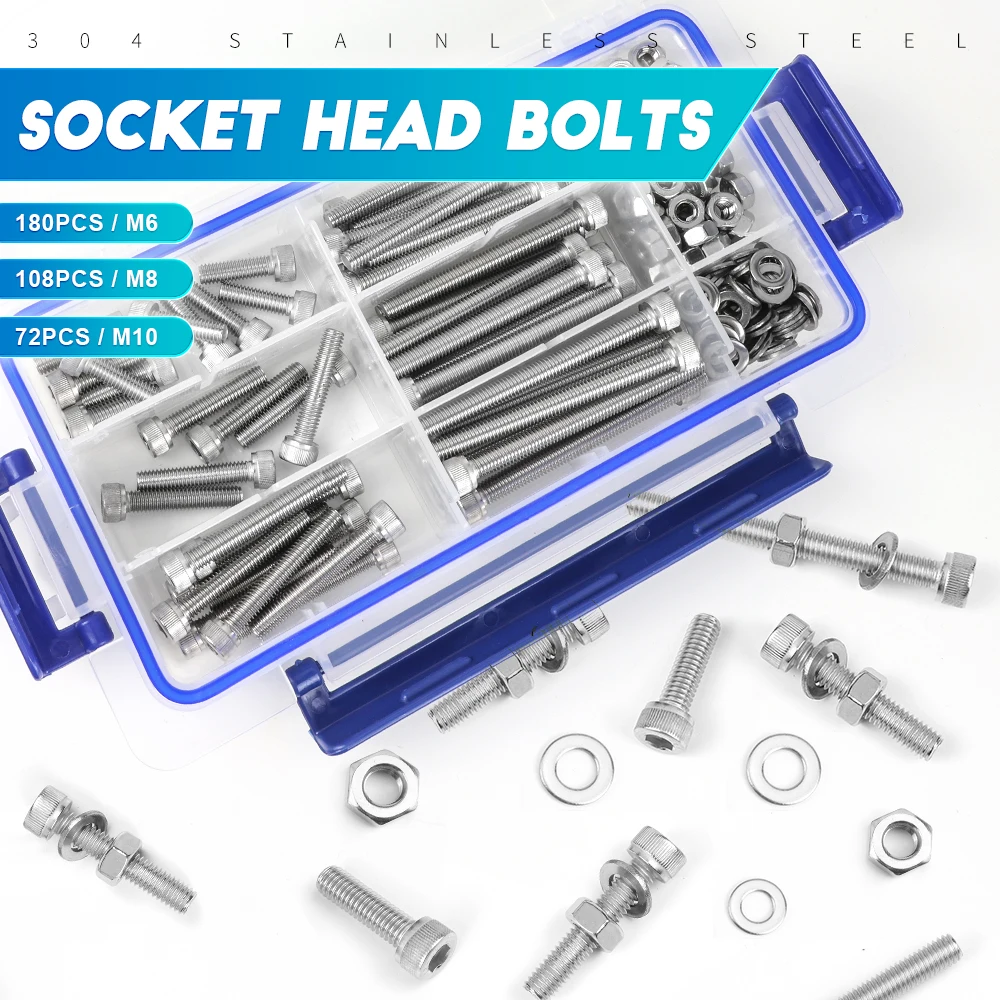 NINDEJIN-Juego de pernos y tuercas de acero inoxidable, Kit de tornillos de cabeza Allen de gran tamaño, juego de tuercas de enchufe hexagonal con arandelas, M6 M8 M10