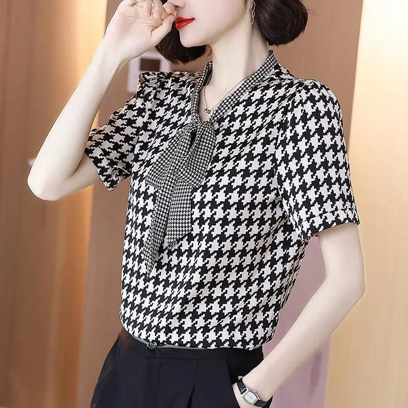 Women Houndstooth Print Lace Up Bow Elegant Blouse Summer Korean Style V Neck Short Sleeve Office Lady Casual Shirts Blusas Ropa