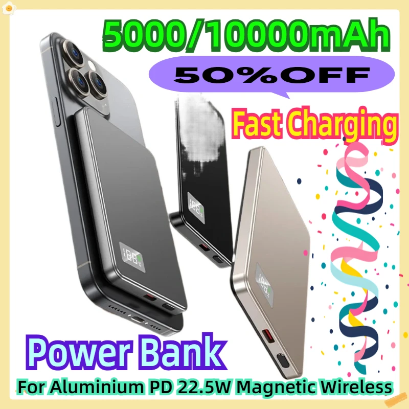 

For Aluminium PD 22.5W Magnetic Wireless Power Bank 5000/10000mAh Fast Charging