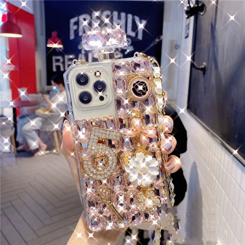 Luxury Bling Crystal Diamond Chain Phone Case, Handbag, Perfume Bottle, Lanyard Case for iPhone 16 15, 14, 11, 12, 13 Pro, MAX