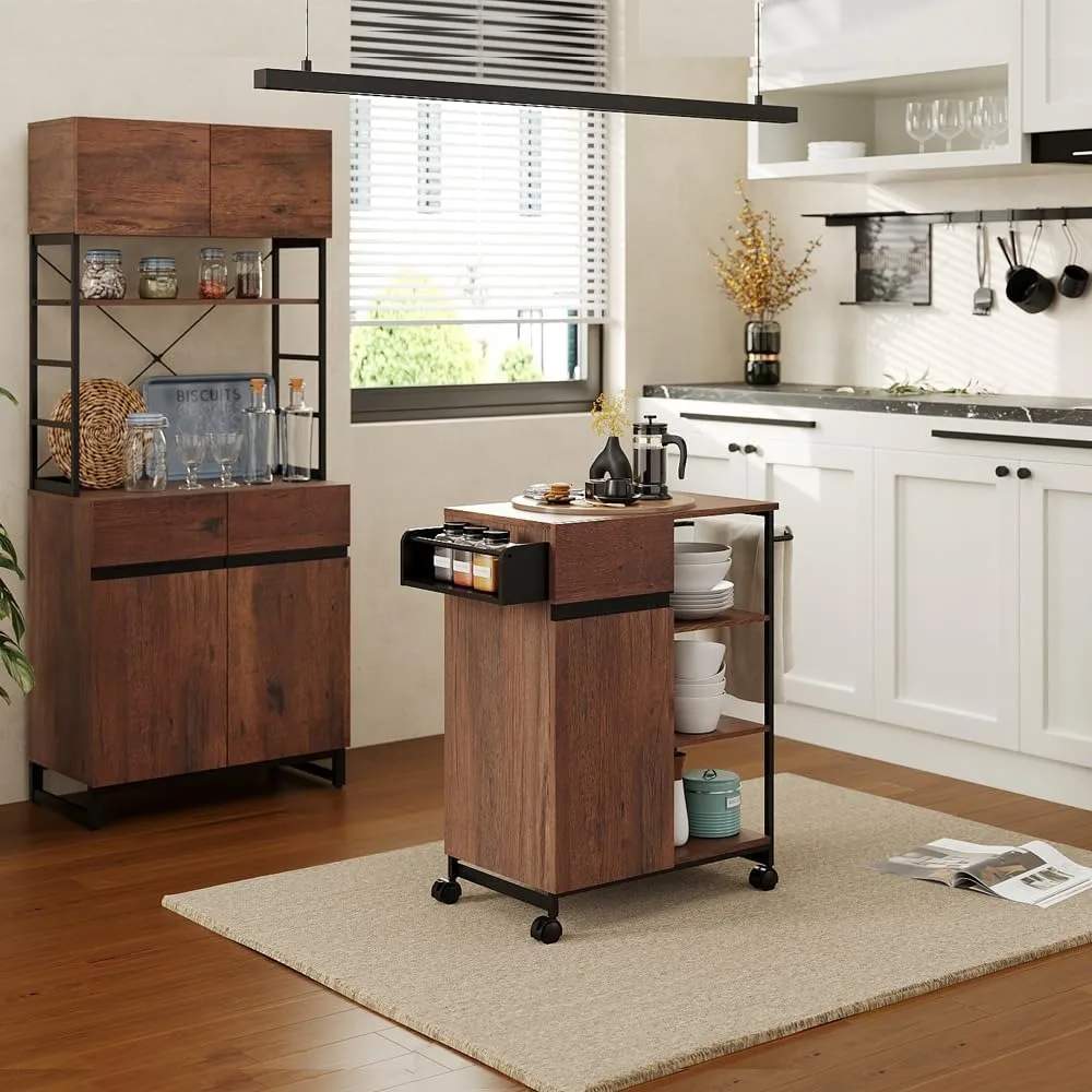 Kitchen Cart with Door Storage，Rolling Trolley Island with Open and Adjustable Shelf for Small Space,Rustic Brown