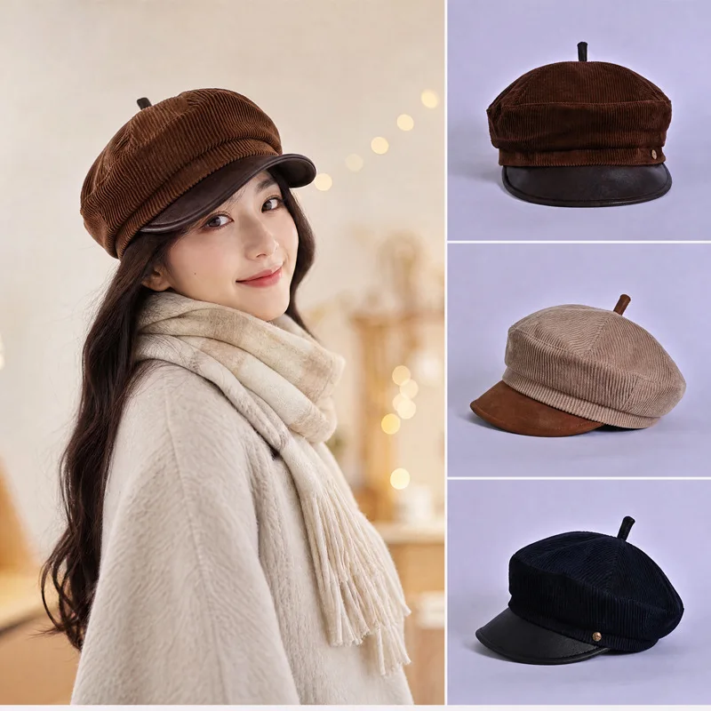 Autumn Winter Korean Preppy Beret for Women,Versatile Painter Hat,Cute Minimalist Face Slimming Octagonal Cap,Bare Face Friendly