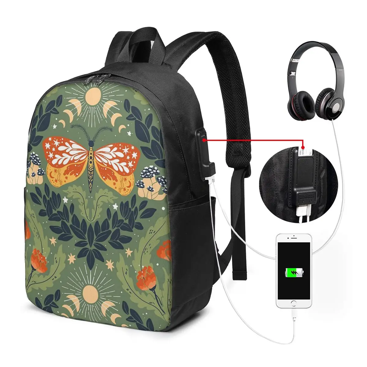 Cottagecore Mushroom Butterfly And Plant Backpack Travel Notebook Bag Computer College Student School Bag Laptop Shoulder Bags
