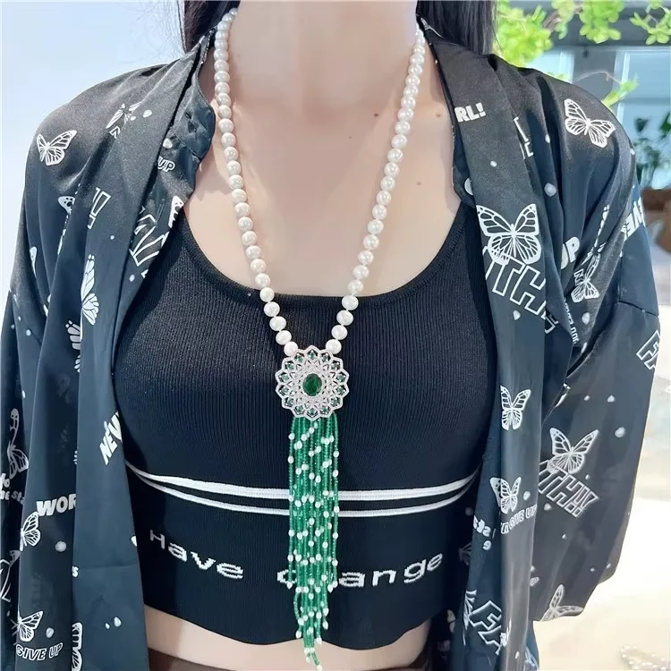 

Jewelry Natural White Pearl Necklace CZ Ball Connetor Pearl Agate Tassel Pendant Handmade For Women