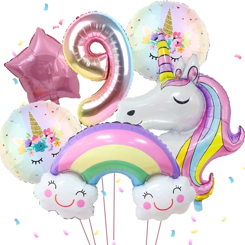 بالون ألومنيوم على شكل وحيد القرن بألوان قوس قزح مقاس 32 بوصة، مستلزمات حفلات وحيد القرن لتزيين حفلات وحيد القرن وحفلات استقبال المولود الجديد