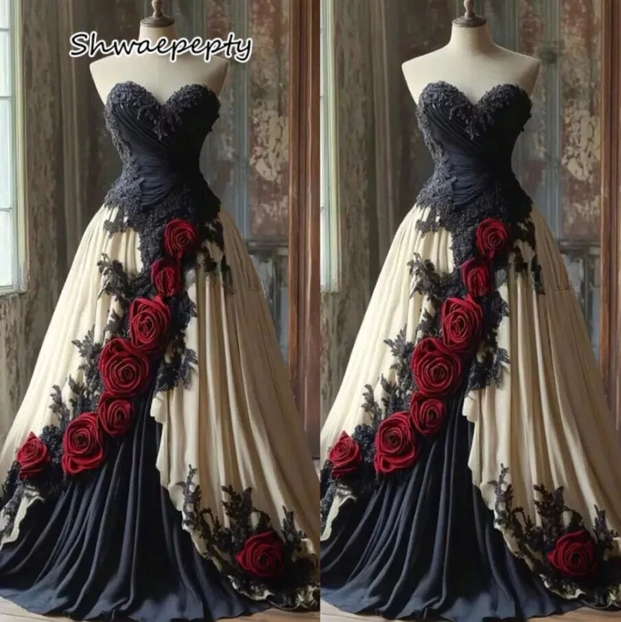 

Gothic Black And Ivory Wedding Dress with Red Roses Flowers Appliques Lace-up Corset Vintage Victorian Bridal Gown Customized
