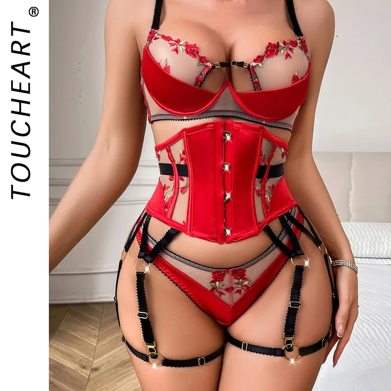 

Toucheart Lace Embroidery Hollow Out Sexy Interesting Broken Flowers Underwear See-through Slim Backless High Waisted Mesh Set
