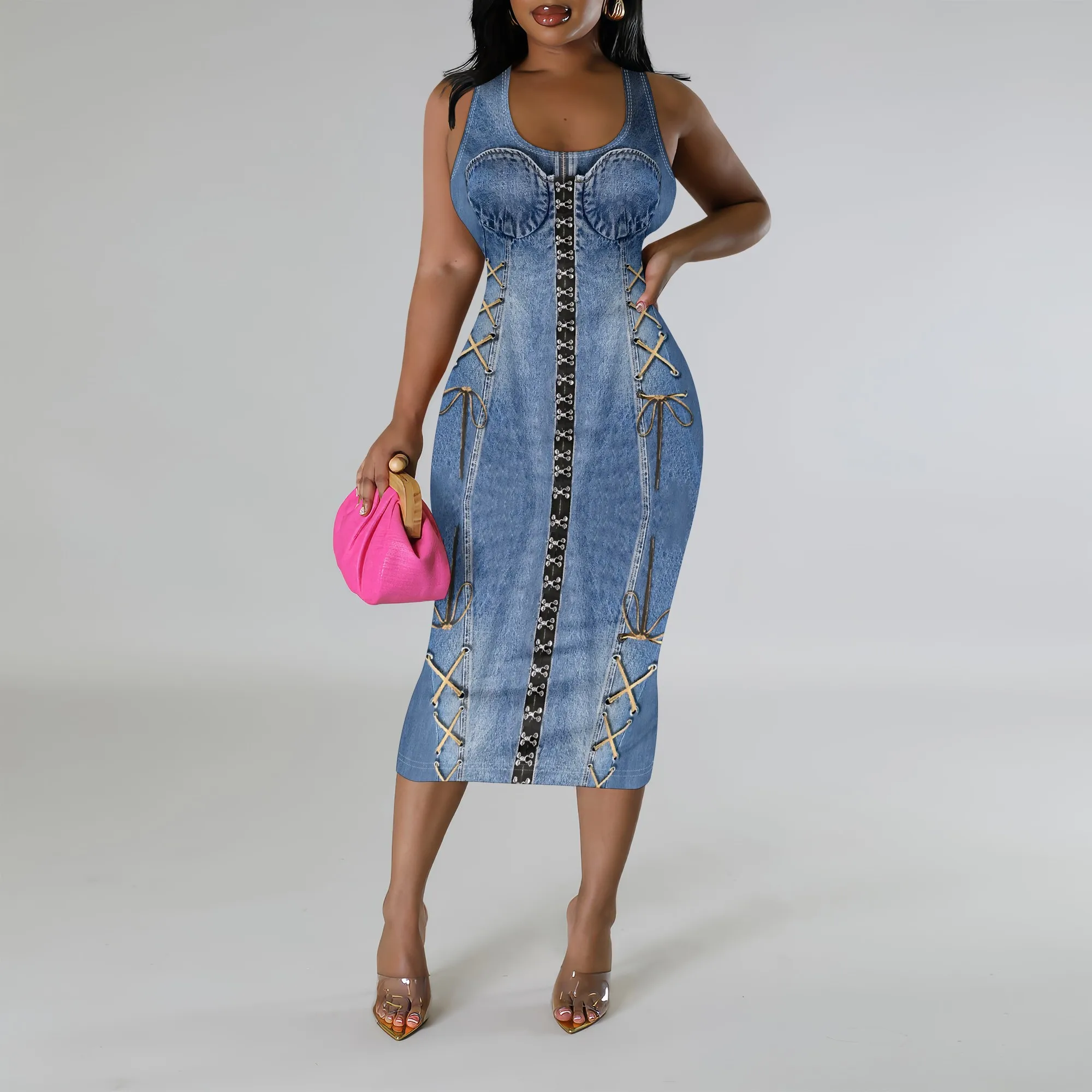 

SheFirstStyle Lace Up Bodycon Tank Dress for Women Summer Sexy Plus Size Polyester Dress with Faux Denim and Stitching Detail