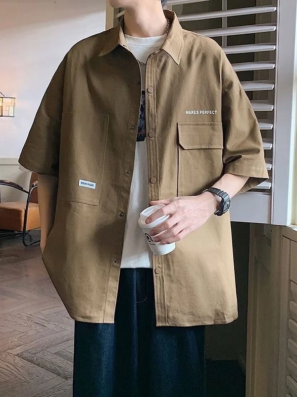 Summer Men's Short Sleeve Shirt American Retro Style Casual Fashion Outerwear Turn-down Collar Half Sleeve Workwear Jacket