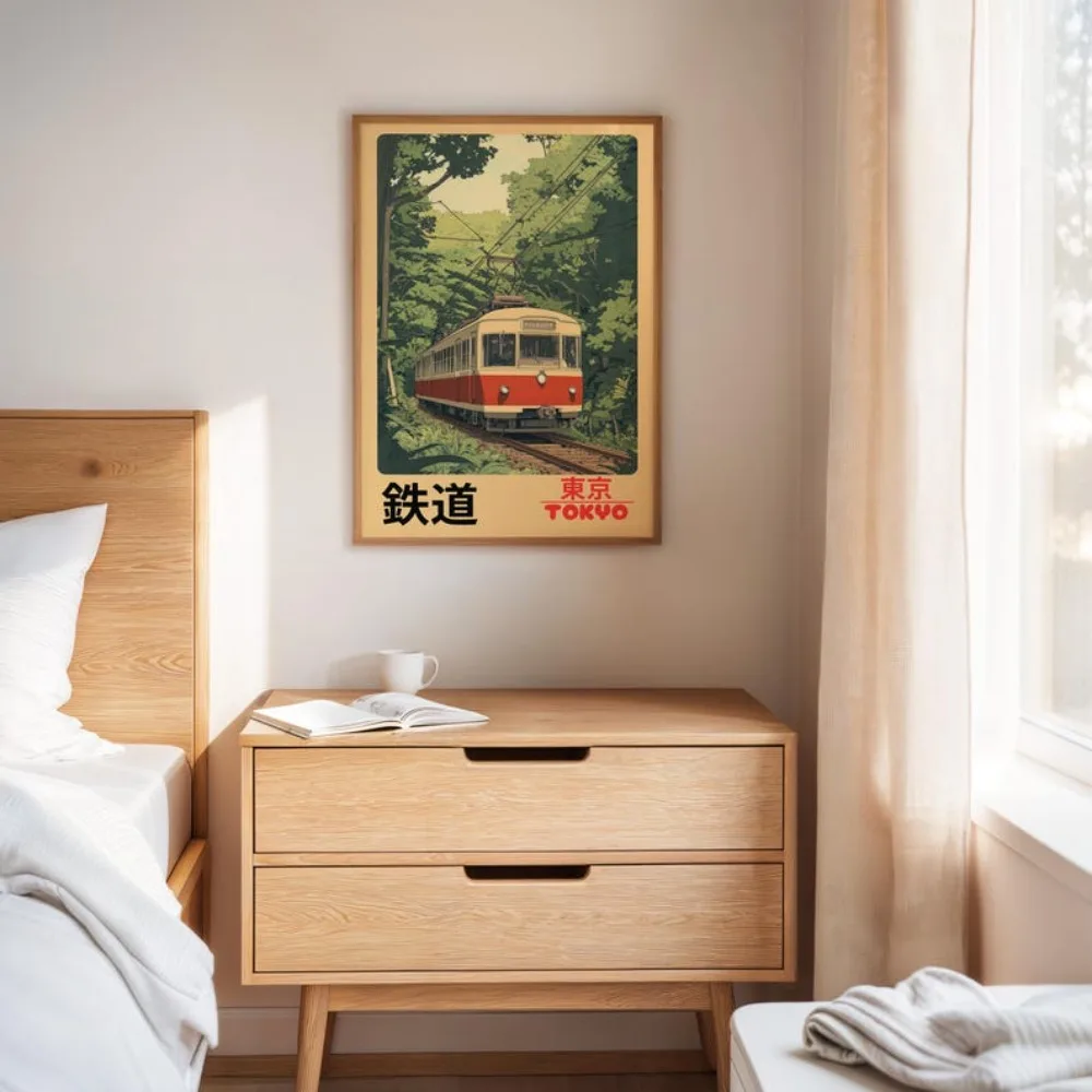 1 szt. Bezramowy Retro Plakat Tokijskiej Kolei Vintage Japoński Pociąg Sceniczny Japonia Podróż Płótno Tokio Kolej Dekoracja Ścienna Styl Anime