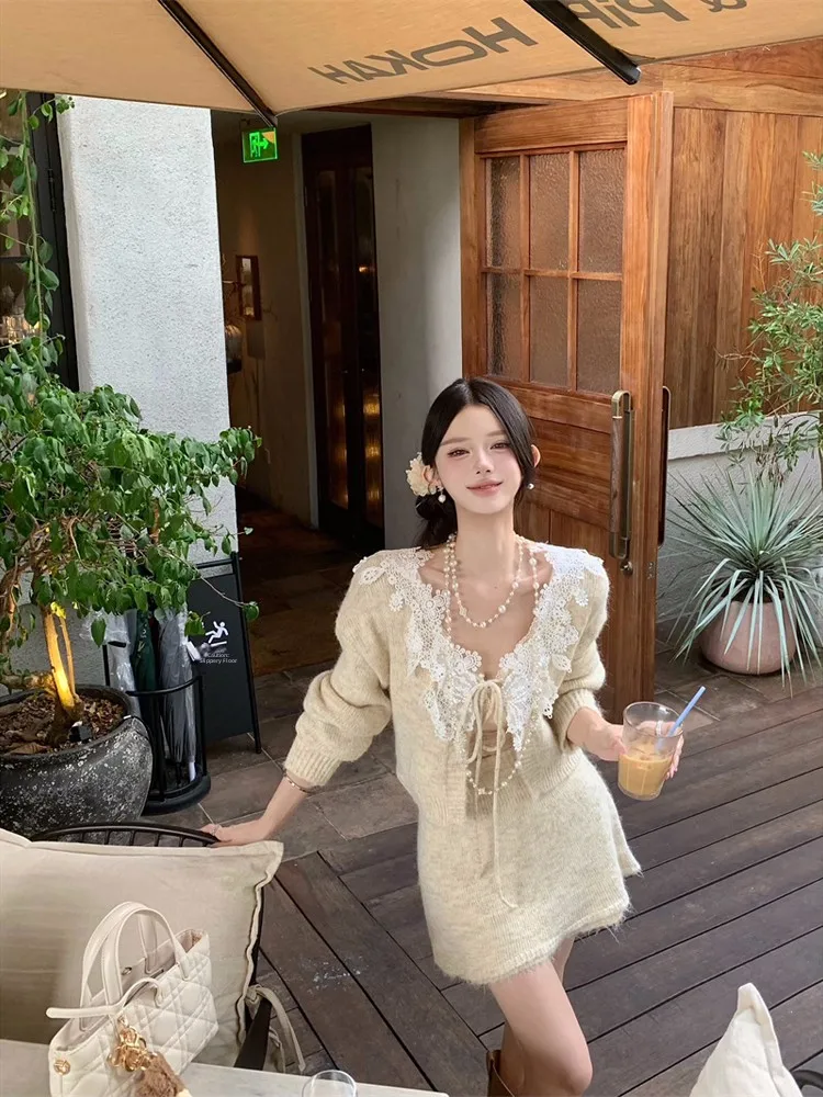 

Chic Spring 2026 Women's Long Sleeve V-Neck Ruffle Trim Jacket Top High Waist A-Line Short Skirt Set Fashionable Casual Outfit