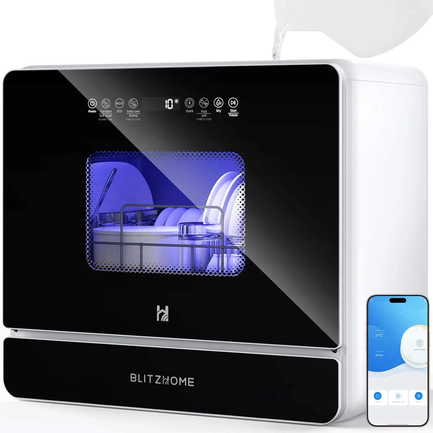 

WiFi Countertop Portable Mini Dishwasher, Smart 9 Programs,167℉ High-Temp, Hot Air Drying, Air Refresh, 360° 3 Spray, 24H