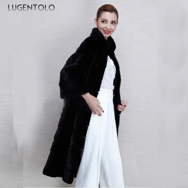 Women Fahsion Faux Fur Coat Warm Autumn Winter Stand Collar Lady Elegant Qualitynew 2023 Long Outwear Black Cloth Lugentolo