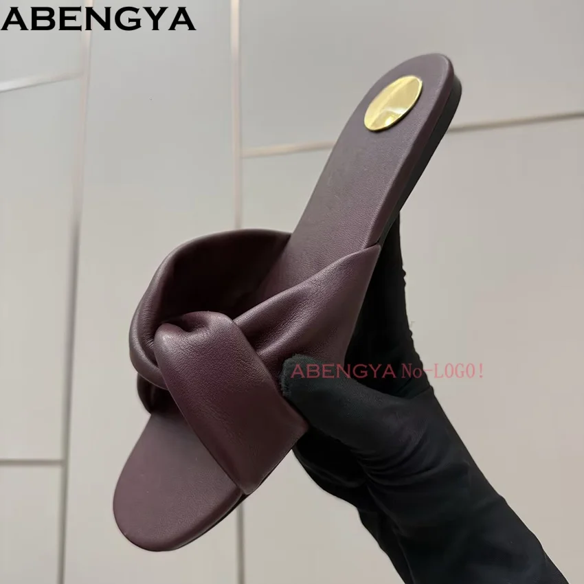 ABENGYA Summer Real Leather Slides Flat Casual Shoes For Women Slip On Loafers Women's Sandals Open Toe Holiday Beach Slippers