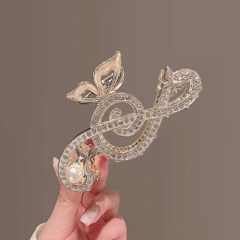 New Women Elegant Music Note Shape Hair Claw Luxury Rhinestone Decor Ponytail Hair Claw Clips Girls Headwear Fashion Accessories