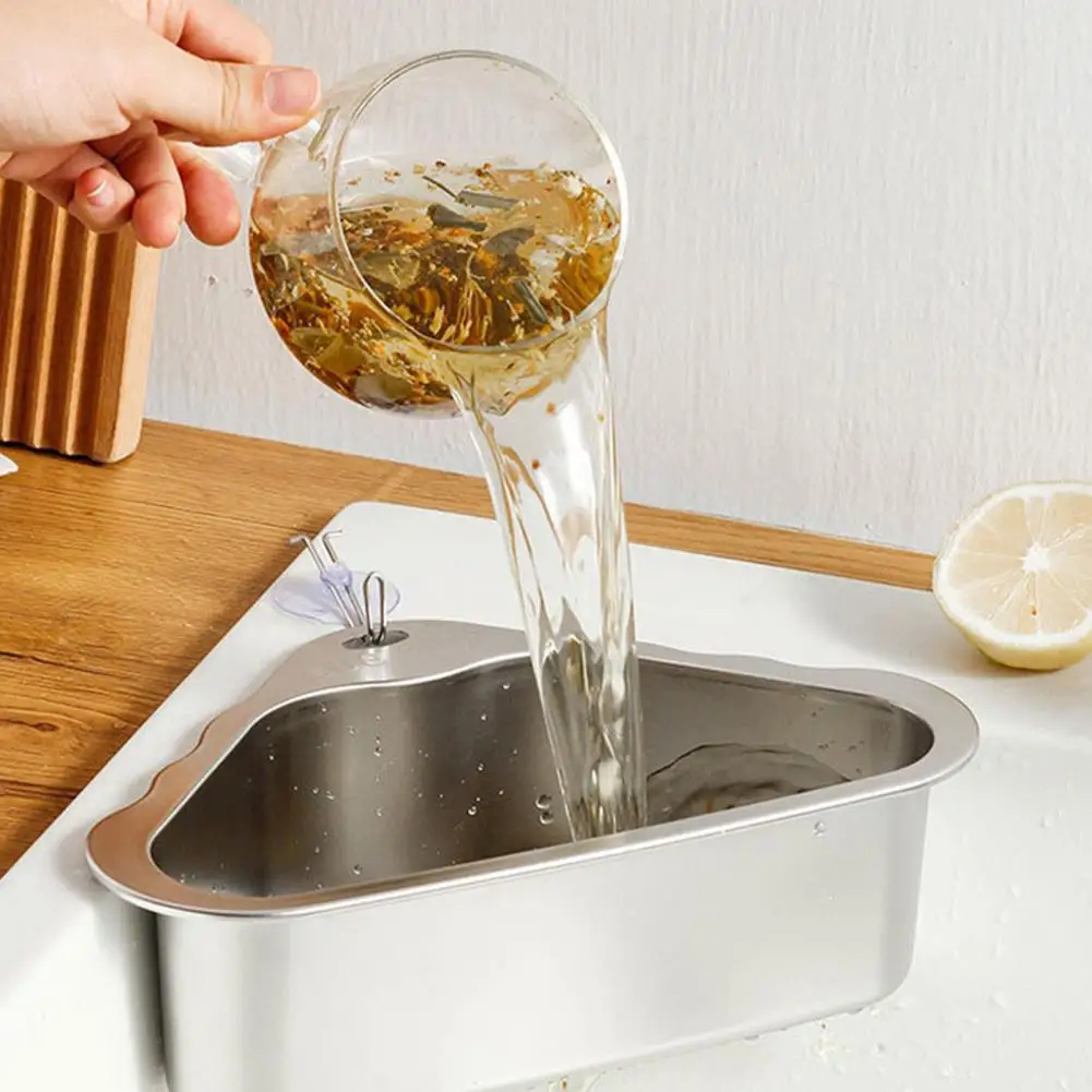 No Drill Sink Basket Stainless Steel Sink Drain Basket with Suction Cup Fixation Triangular Corner Food Strainer Kitchen Sink