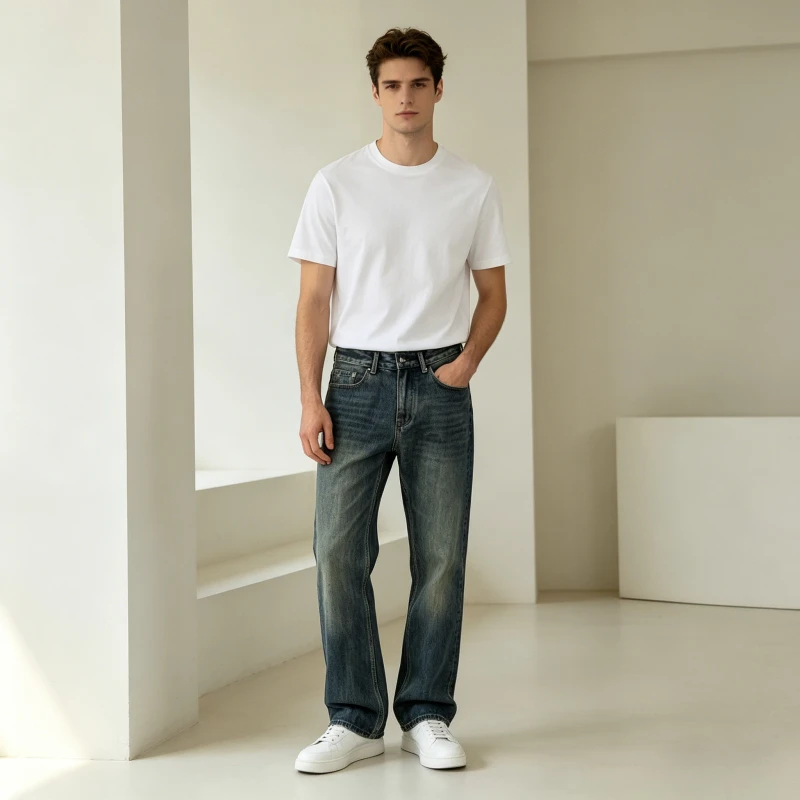 Bootcut Jeans Denim-Hose für Herren Vintage Gewaschen Distressed Y2k Streetwear Arbeits-Freizeithose mit Hoher Taille Gerade Geschnittene Hose Locker Sitzend Frühling 2026