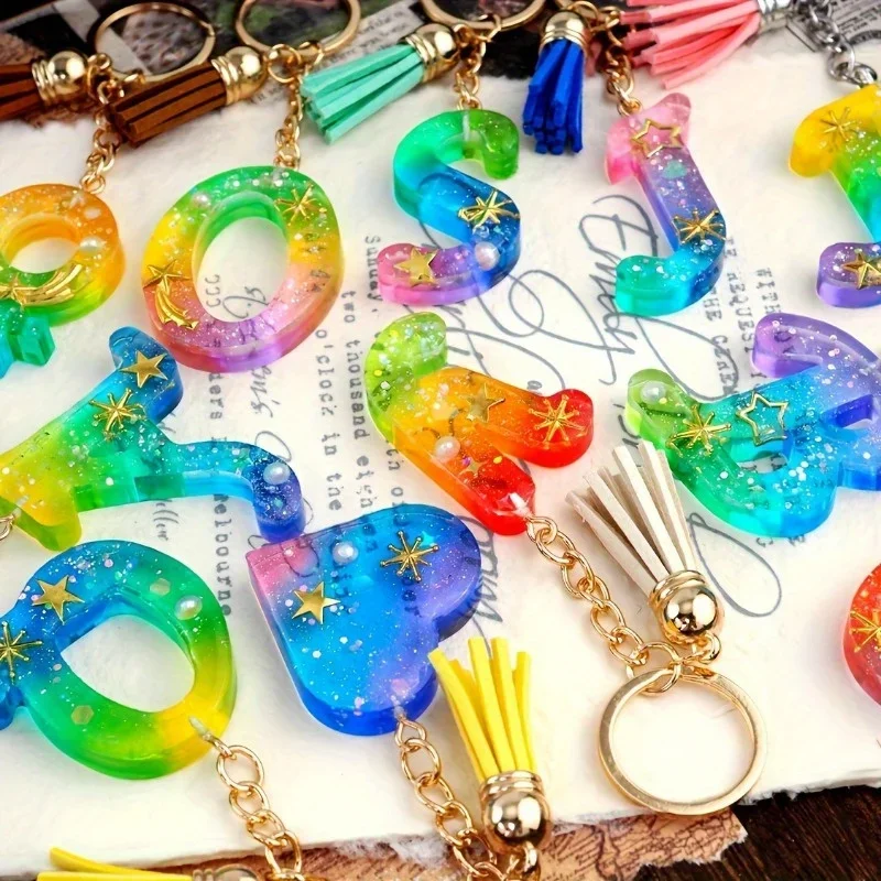 Conjunto de moldes de fundição de resina de silicone com letra reversa do alfabeto em forma de para chaveiro DIY, moldes de resina epóxi com furo de suspensão