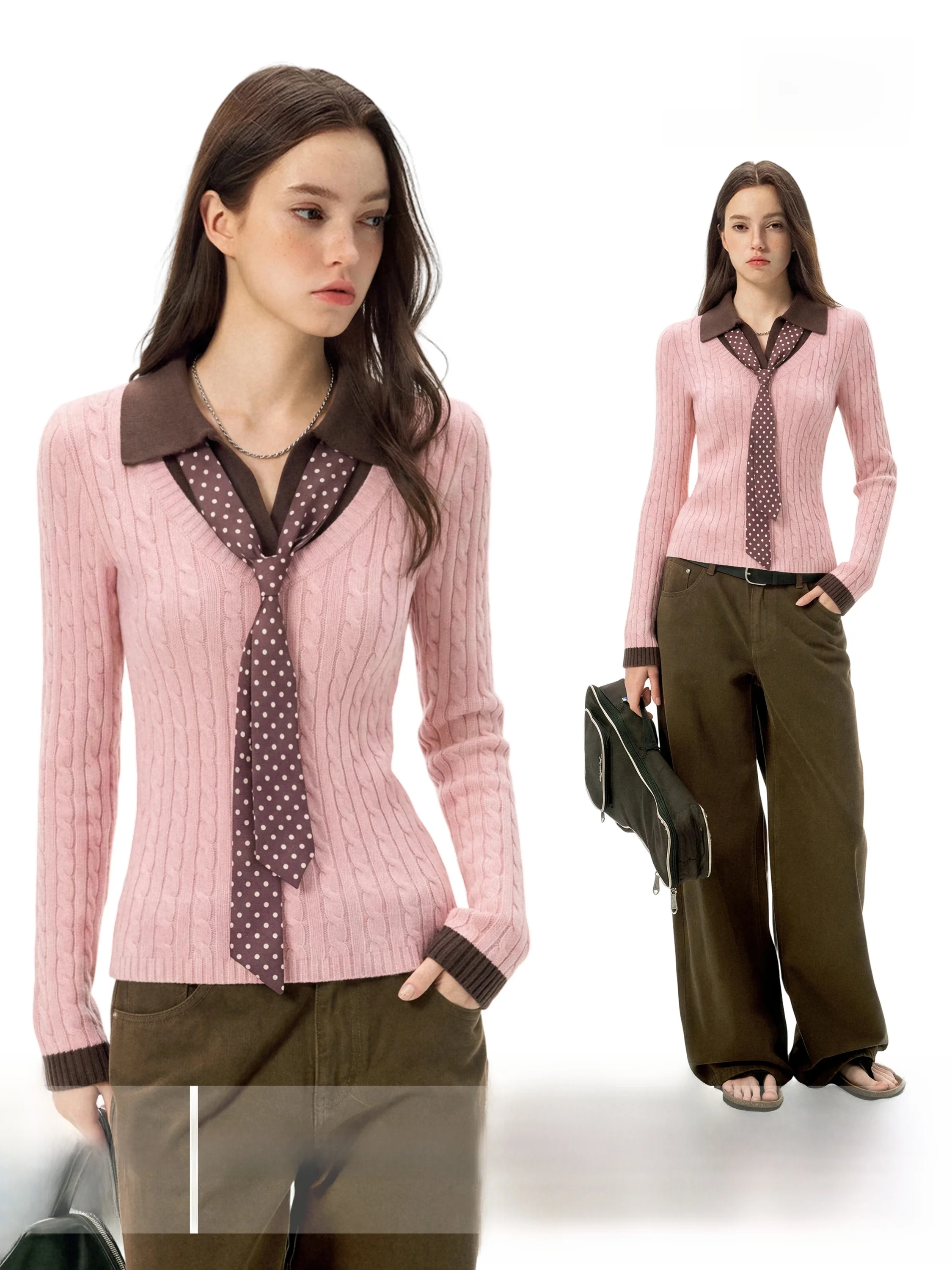 Pink Polka Dot Short Knitted  Neck Sweater Women's Early Autumn Slim Fit Inner Wear Base Shirt Top Korean Style Commute