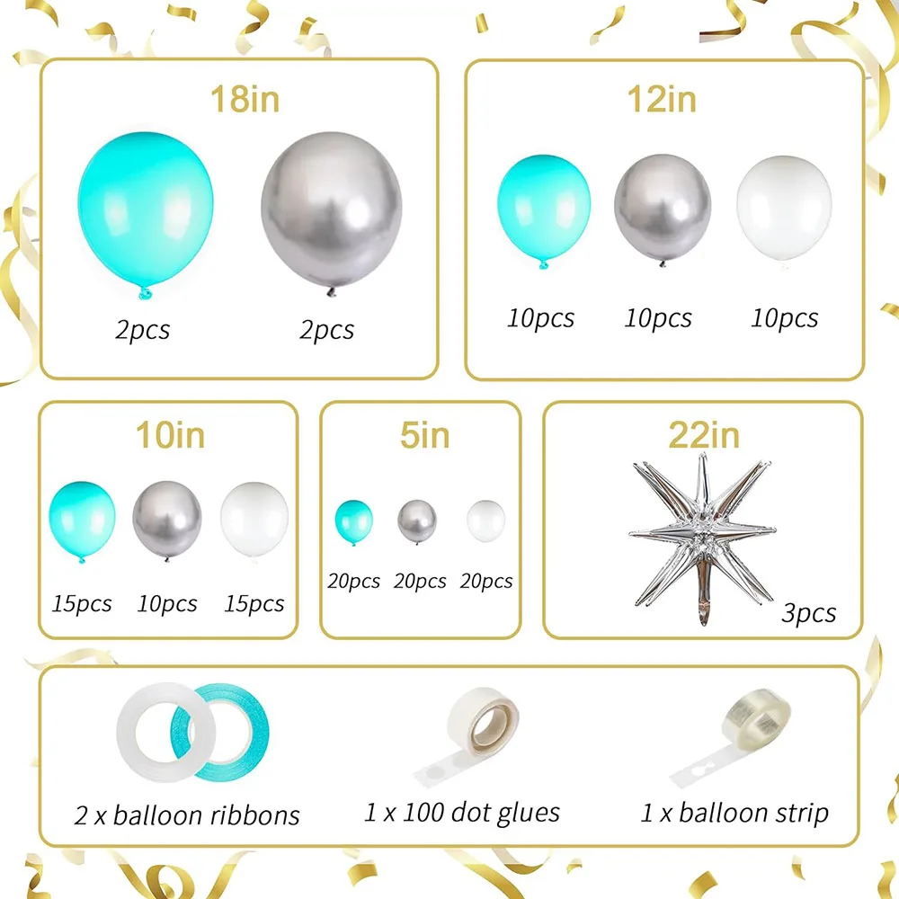 Blue-Green Silver-White Balloon Garland Arch Kit, 1812 10 5inch Blue-Green Balloon with 3-Piece Star Aluminum Foil Balloons for Birthday, Wedding