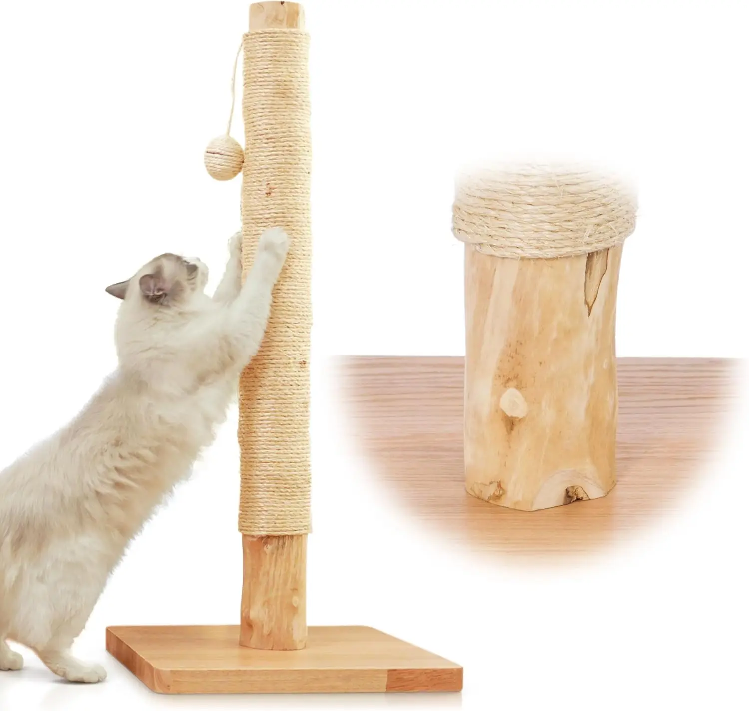 

Premium 35" Cat Scratching Post - Natural Pear Wood, Sisal Rope, Rubber Wood Base with Oak Skin, Ideal for Large Cats