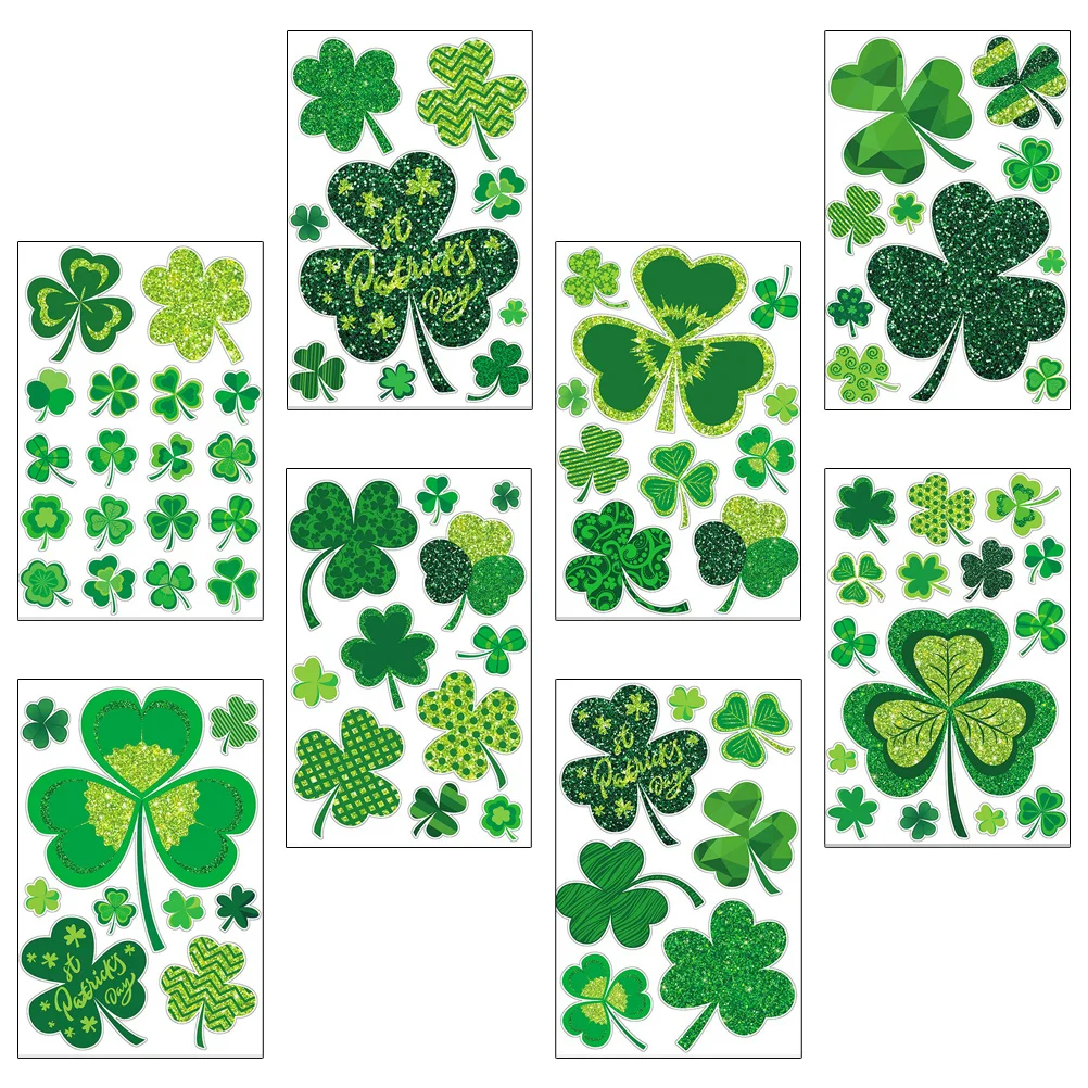 8 Sheets St Patrick's Day Shamrock Static Stickers Easy Install Remove Residue Free PVC Material Home Party Decor