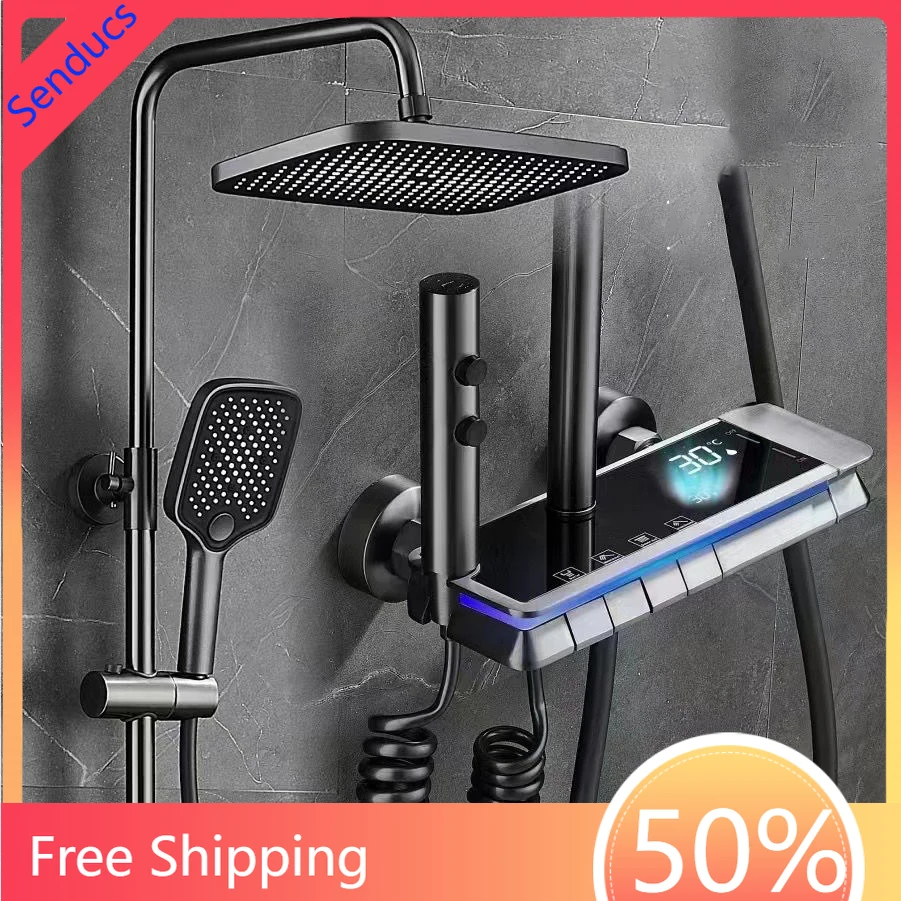 Ambient Light Piano Bathroom Shower Set Hot Cold Bathroom Faucet 12 Inch Rain Shower Head Brass Piano Bathroom Shower System