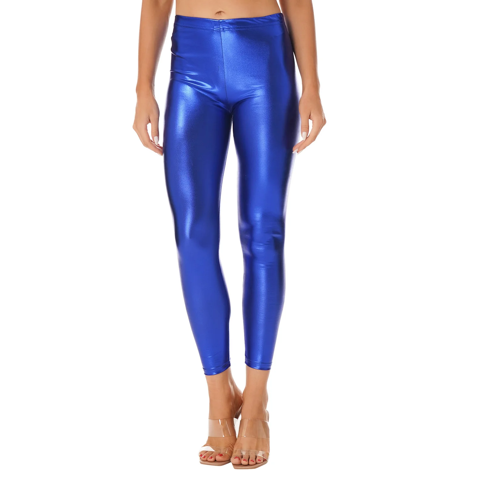 Womens Metallic Faux Leather Leggings Shiny Sexy Slimming Mid Waist Elastic Waistband Skinny Pants for Outdoors Workout Yoga Pub