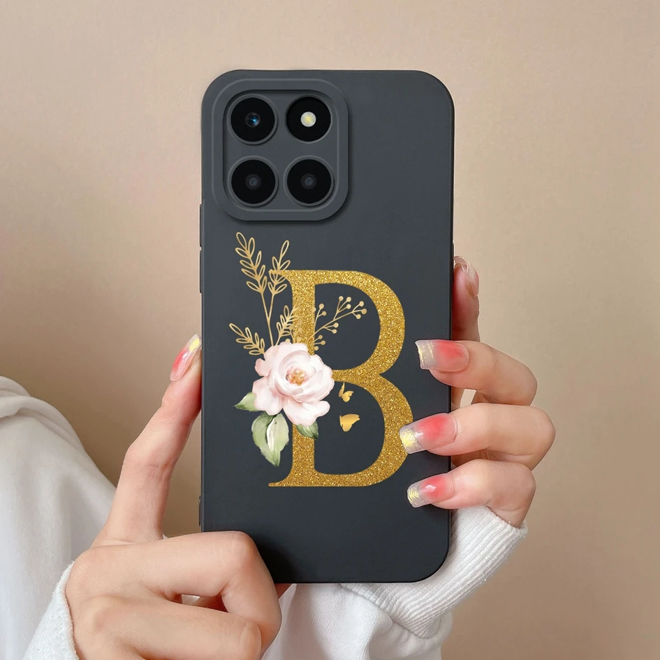 Case For Honor X6a X6A 4G Fashion Black Shockproof Liquid Silicone Soft Matte Back Cover Flower 26 Letters For Honor X 6 a Funda