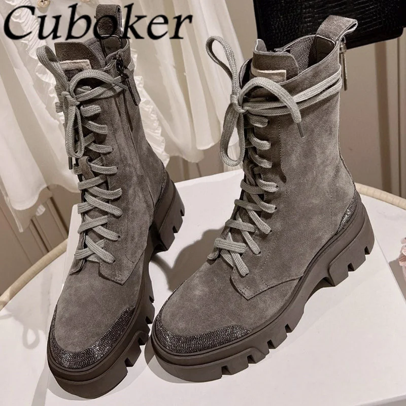 High Quality Women Suede Boots Lace up Thick Sole Round toe Female Suede Zip Ladies Motorcycle Winter Short Boots women mujer