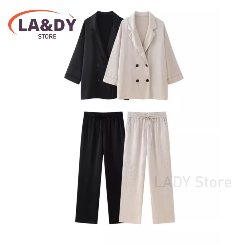 Sets Women 2024 Spring Summer Fashion Loose Long Sleeve Button Blazer Coat + Solid Color Lace-Up Casual Pants Suit Female