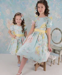 0-12Y Baby Girl Summer Rose Floral Blue Turkish Vintage Lolita Princess Ball Gown Dress for Birthday Holiday Casual Eid B189