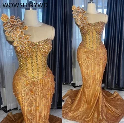 2024 Aso Ebi Mermaid Gold Prom Dresses Beaded Crystals Evening Formal Party Second Engagement Birthday Gowns Dresses ZJ84