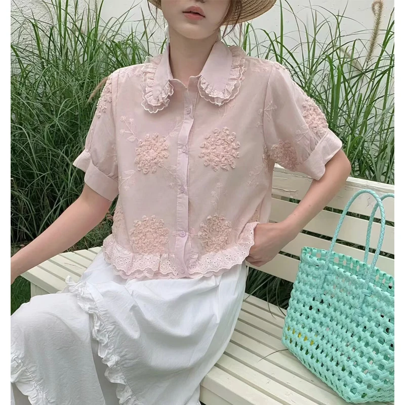Sweet Style Lace Hollow out Short Sleeve Women's Shirt Doll Collar Splice Hollow Flip Collar Top Breathable Skin-Friendly