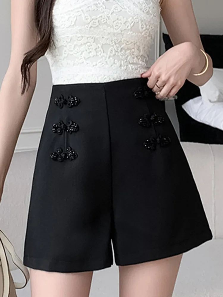 SMTHMA Suit Shorts Summer 2024 New High Waist Slimming A-Line Pants Women's Beaded Buckle Versatile Casual Wide Leg Pants