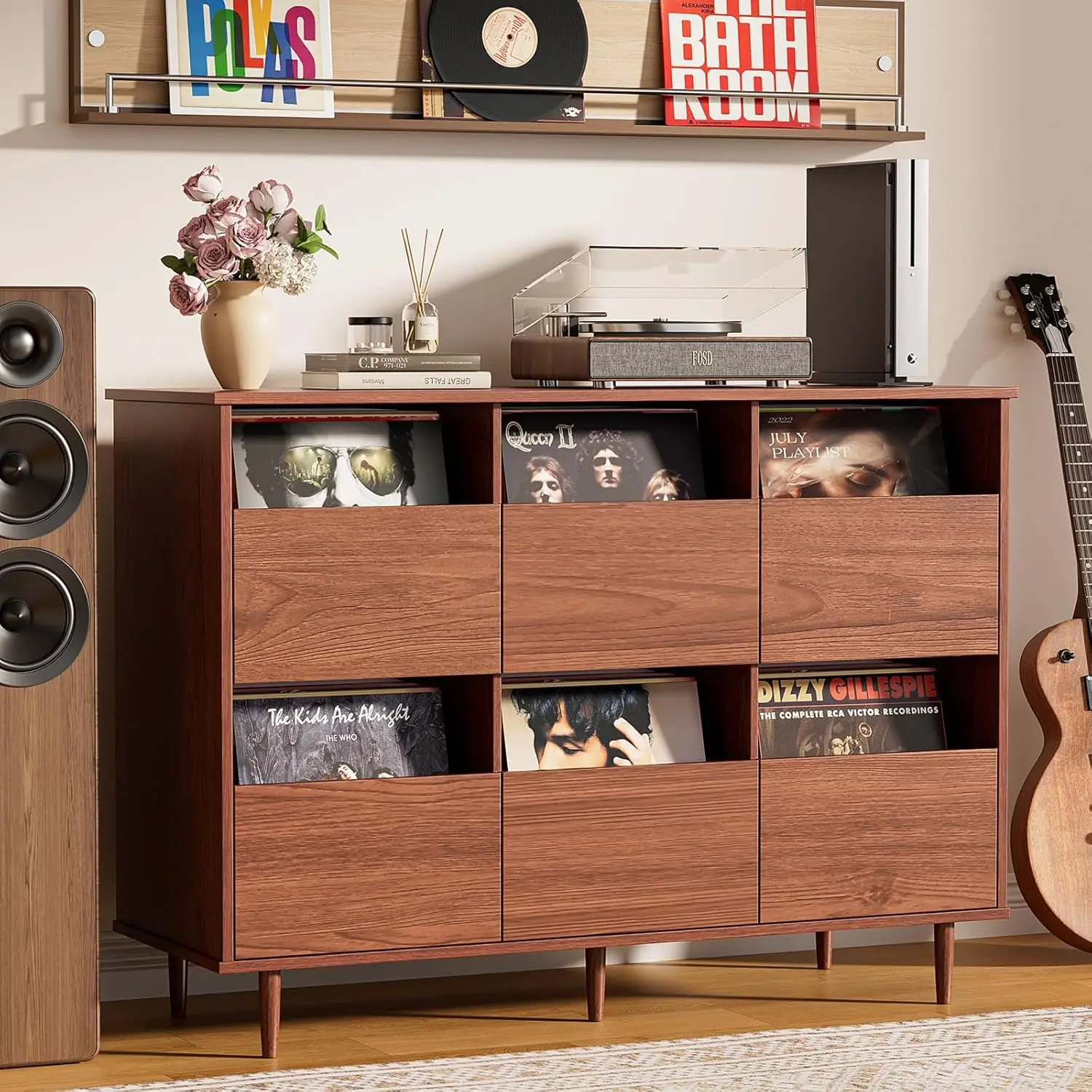 

47.2" Record Player Stand with Vinyl Storage, Mid Century Turntable Cabinet, 6 Drawers, Brown