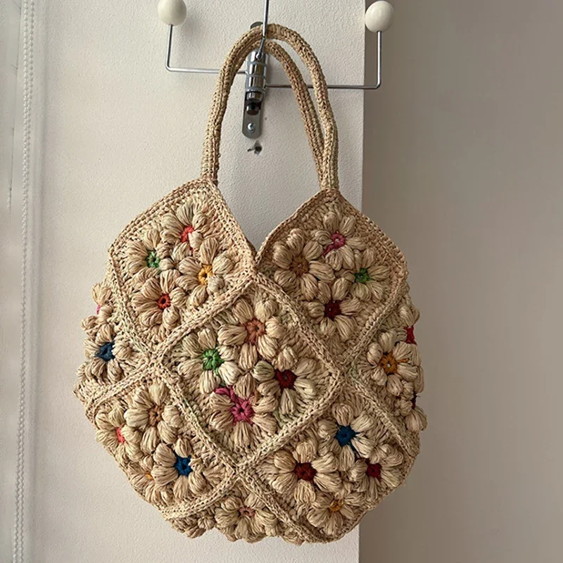 Hochwertige Handgefertigte Raffia-Schultertasche Exquisite Gewebte Stroh-Tragetasche Offene Bunte Blumen-Diamantmuster Einkaufstasche – Detail 3