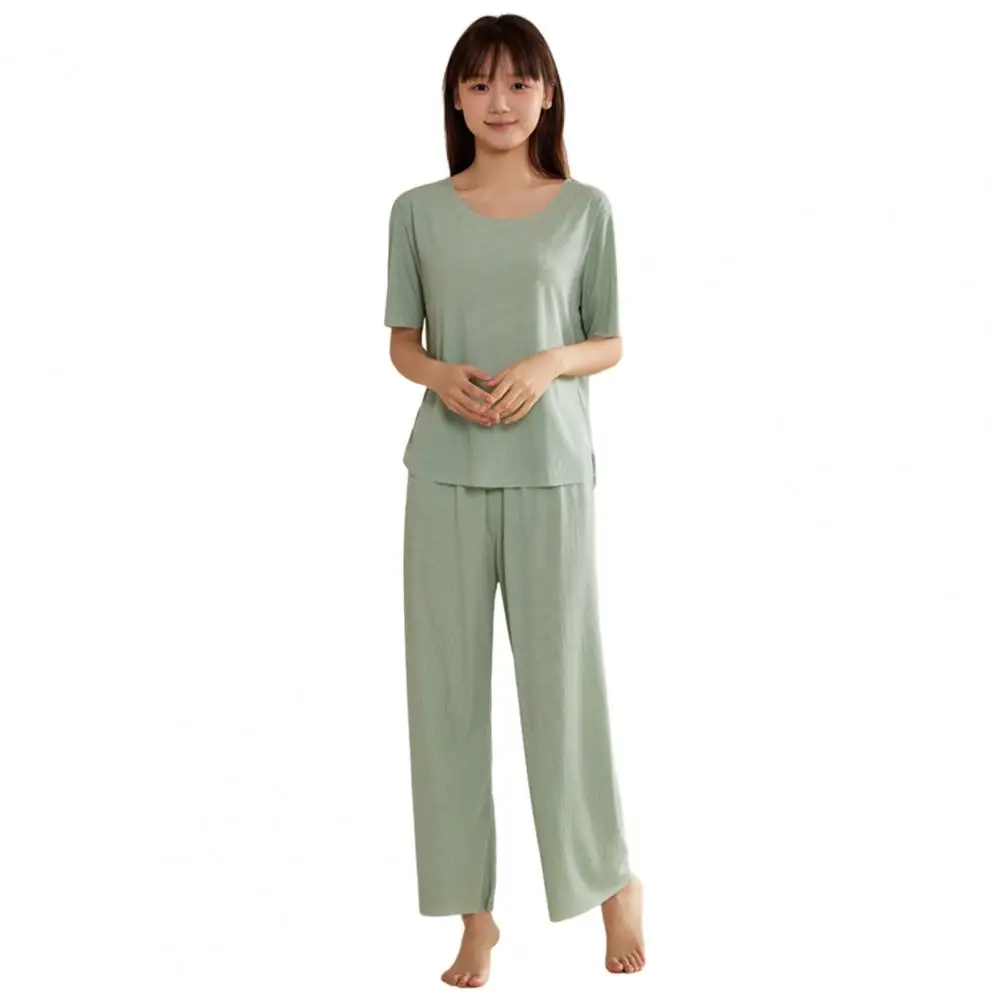 

Women's Ice Silk Pajamas Set with Short Sleeved Top Wide Leg Pants Summer Sleepwear