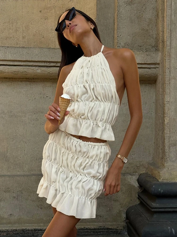 

Shirring Matching 2 Piece Set Women Mesh Thin Solid Backless Bandage Halter Tanks+Ruffle Mini Skirts Mujer Trend Outfits