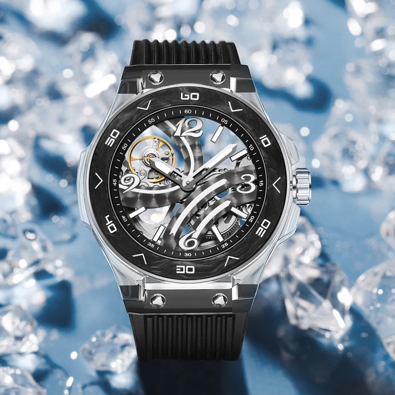 HANBORO New Luxury Men Watches Fashion Automatic Mechanical Man Wristwatch Skeleton Transparent case Luminous Watch for men