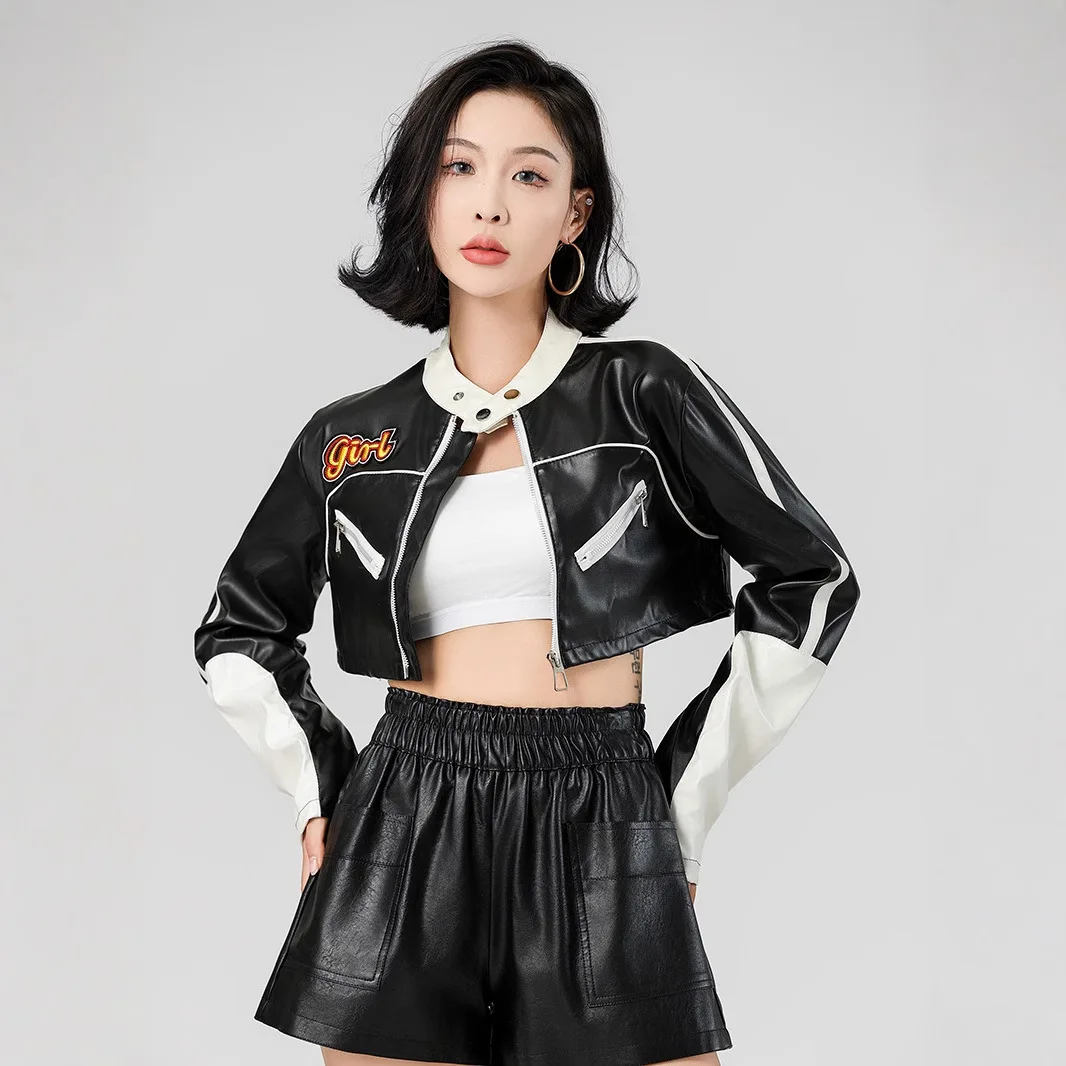 قاطرات الشوارع الأوروبية والأمريكية للسيدات لعام 2026، جلد البولي يوريثان المثير Spice Girls، مطابقة الألوان القصيرة، سترة جلدية #3