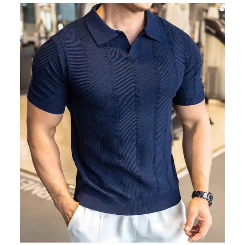 Drop Shoulder Knit Sweater British Style Short Sleeve Pullover Turn-Down Collar Men'S Knit Sweater Retro Casual Solid Color Jacq