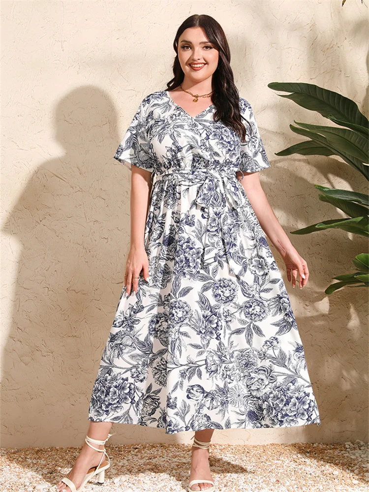 Wmstar Frauen Kleid Mode Sommer elegante weiße Malerei Blume V-Ausschnitt Kurzarm plus Größe lässig weiblichen Strand lange Kleider