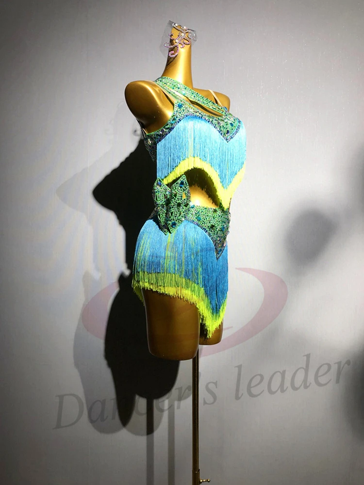 Latin Dance AB Steen Vrouwelijke Volwassen Kinderen High-end Aangepaste Kleur Clash Kwastje Bloemenjurk Zwart Zwembad Samba Prestaties Jurk