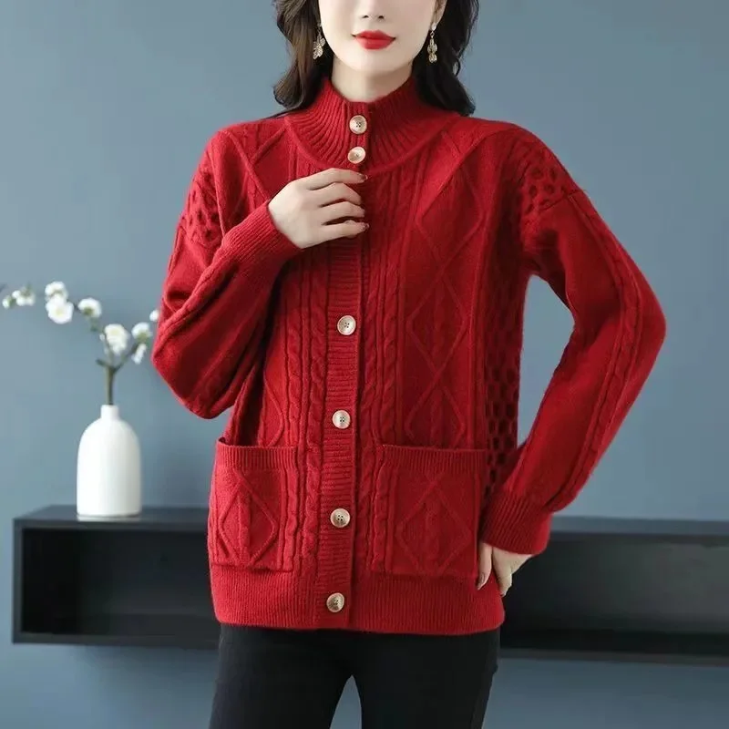 2024 New Women's Sweater Coat Loose High Collar Thickened Spring Autumn Knitting Cardigan Keep Warm Temperament Lady Jacket