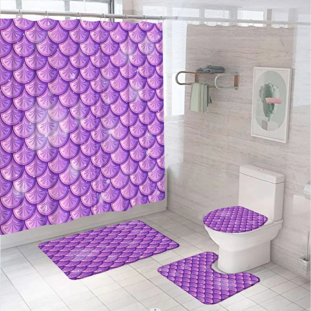 Purple Mermaid Fish Scale Shower Curtain Set Glare Fairy Tale Geometric Bathroom Curtains Non-Slip Bath Mat Rug Lid Toilet Cover