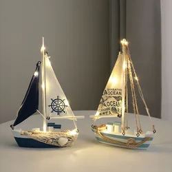 Wooden Sailing Boat Figurines,Mediterranean Style Wood Sailboat Handwork Crafts,Home Living Room Nautical Decoration Gifts