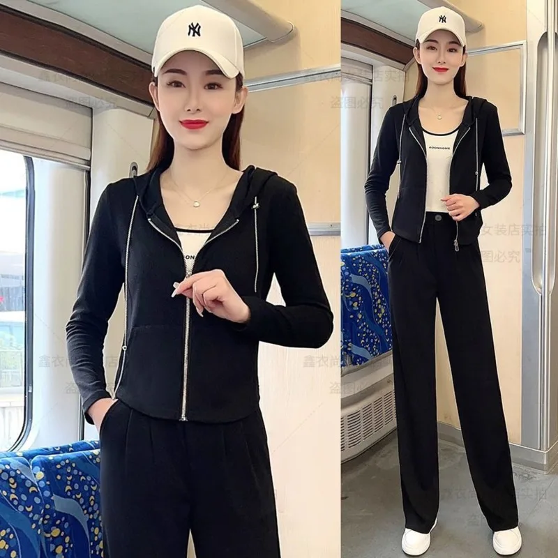 Leisure Sportswear Suit For Women\'s Spring And Autumn New Style Age Reducing Hooded Zippered Jacket Wide Leg Pants Two Piece Set