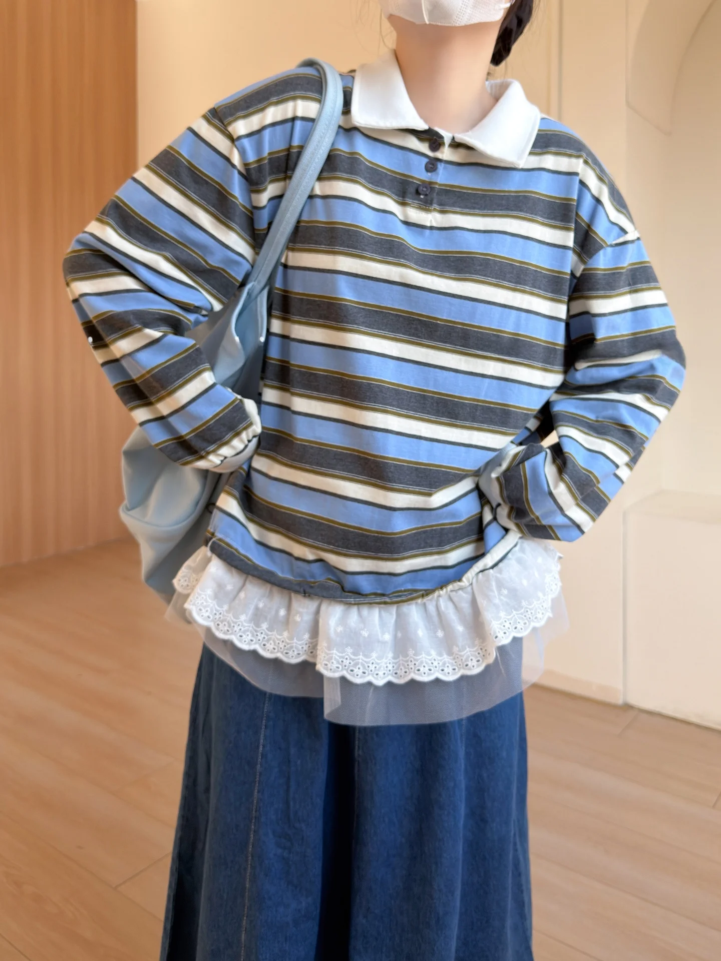 

Повседневная хлопковая футболка с длинным рукавом на шнуровке, в полоску, в стиле ретро, японский стиль, для повседневной носки, весна-лето